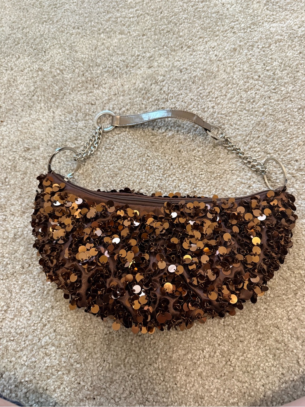 Sequin Accent Crescent Shoulder Bag in Brown